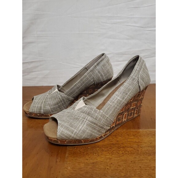 Toms Emma Cork Wedge Heel Open Toe Shoes Gray Top Beige Orange Red Size 8.5 W - Picture 1 of 7
